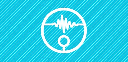 Icon of a phonocardiogram waveform above a stethoscope in white on a cyan background.
